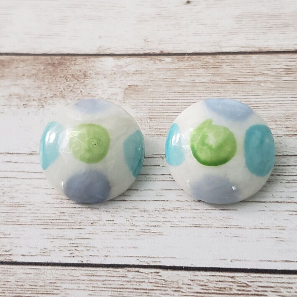 Vintage Clip On Earrings Green, Blue, Turquoise Spotted Circle